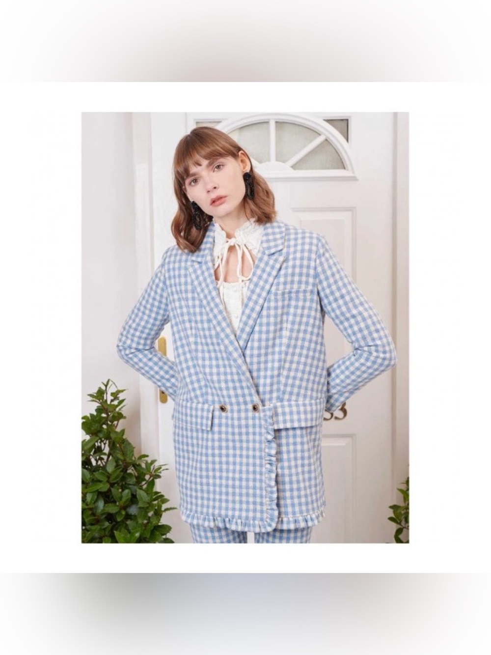 Sister Jane Postmark Gingham Ruffle Blazer Baby Blue NWT Tweed